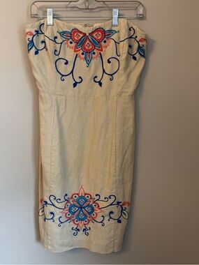 Banana Republic Linen Embroidered Strapless Dress Size 10 Boho Floral